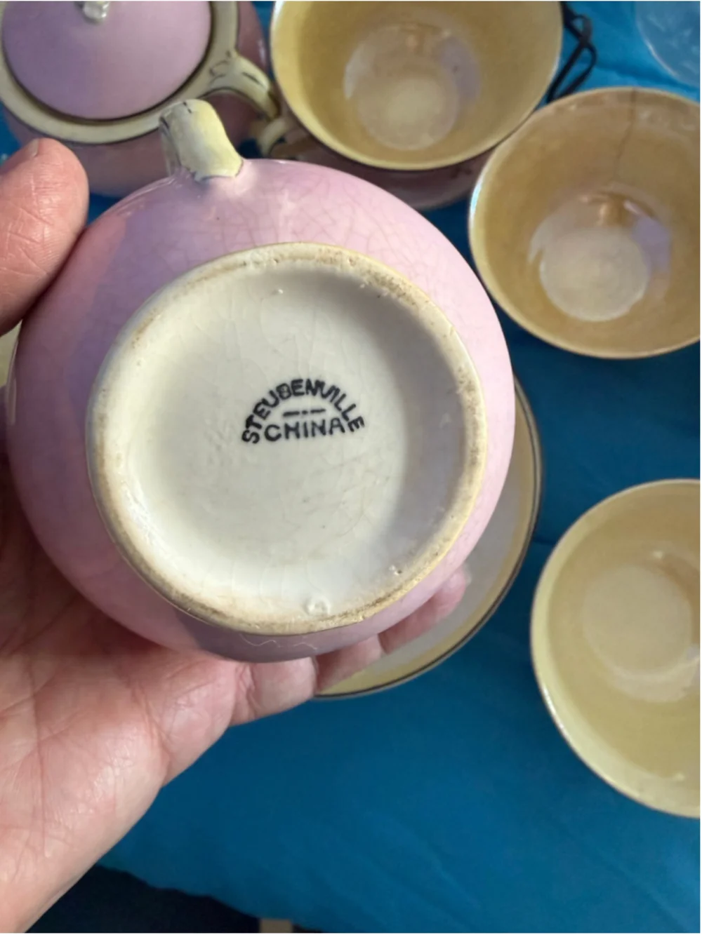 Antique 1920’s Pink and Yellow Tea Set with Creamer and Cups